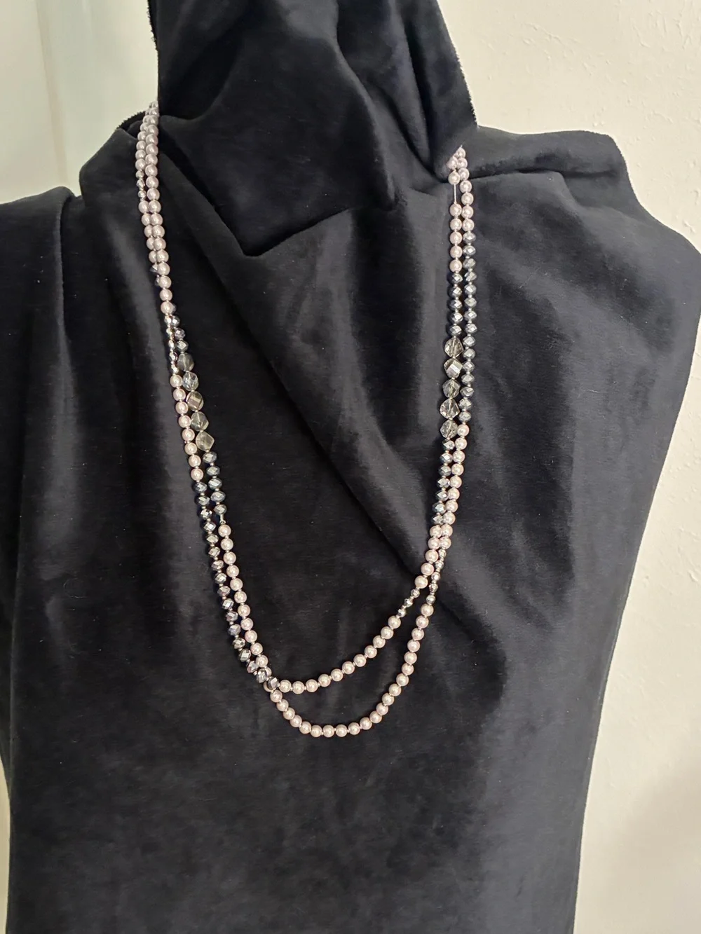60-inch beaded necklace mix of soft gray faux pearls & faceted crystal beads